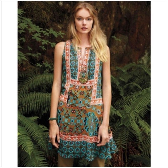 Tolani Boho Reva Silk Mini Dress Sz S peasant Elephant Festival V neck - Picture 1 of 8